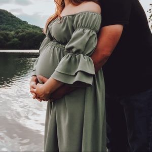 Sage green off the shoulder dress